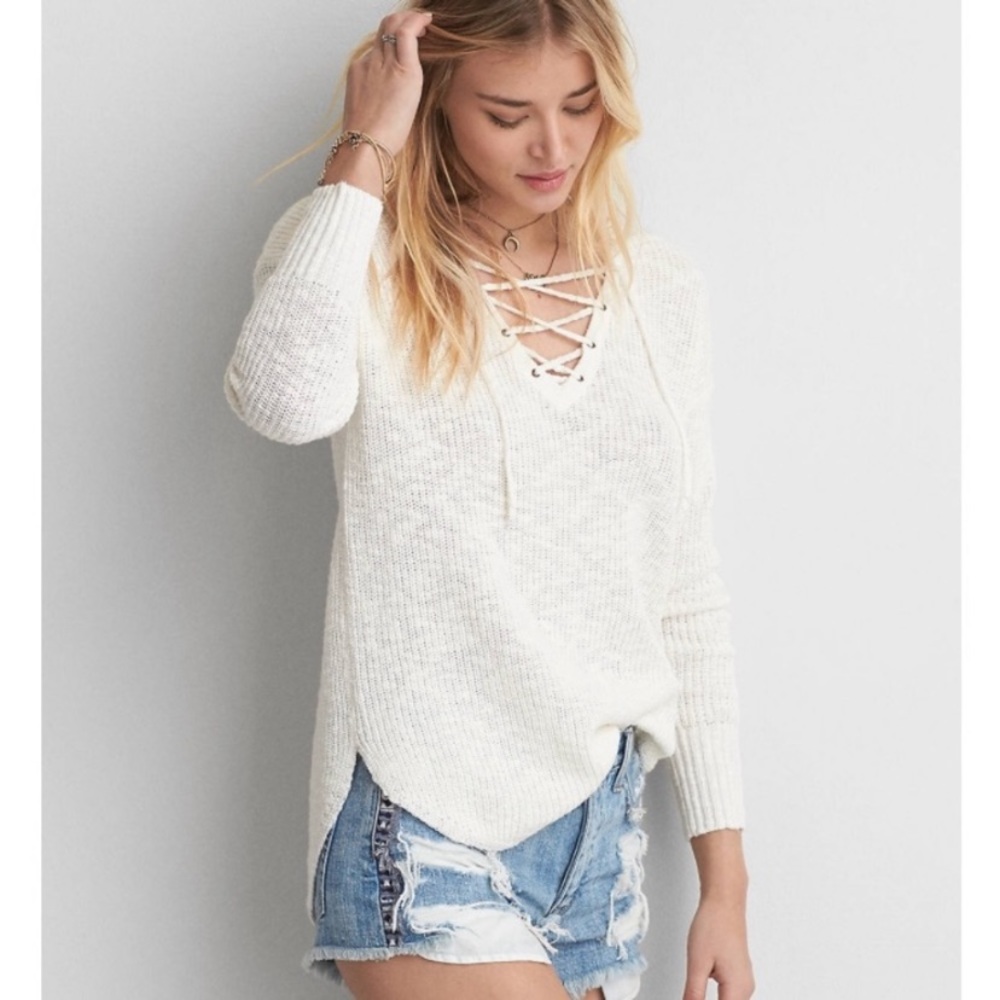 White lace up sweater